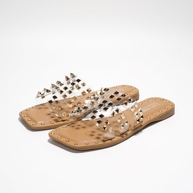 Cape Robbin Women's Gold Spike Studded Slide Sandals - Open Toe Slip On Lightweight Comfort for Beach Pool (Amisha) - Clear Size 7 - Image 3